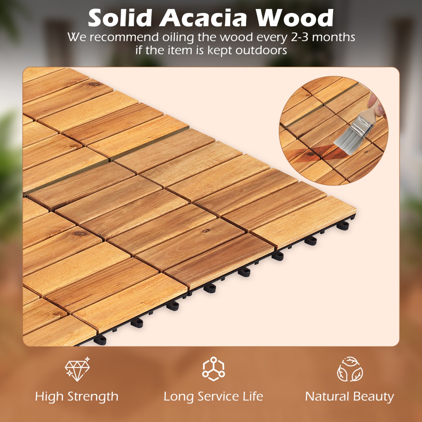 Acacia Wood Interlocking Deck Tiles 12x12 Inch - 54 Pack