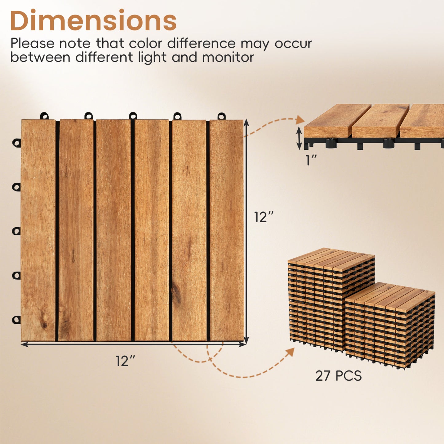 Acacia Wood Interlocking Deck Tiles 12x12 Inch (54 Pack)