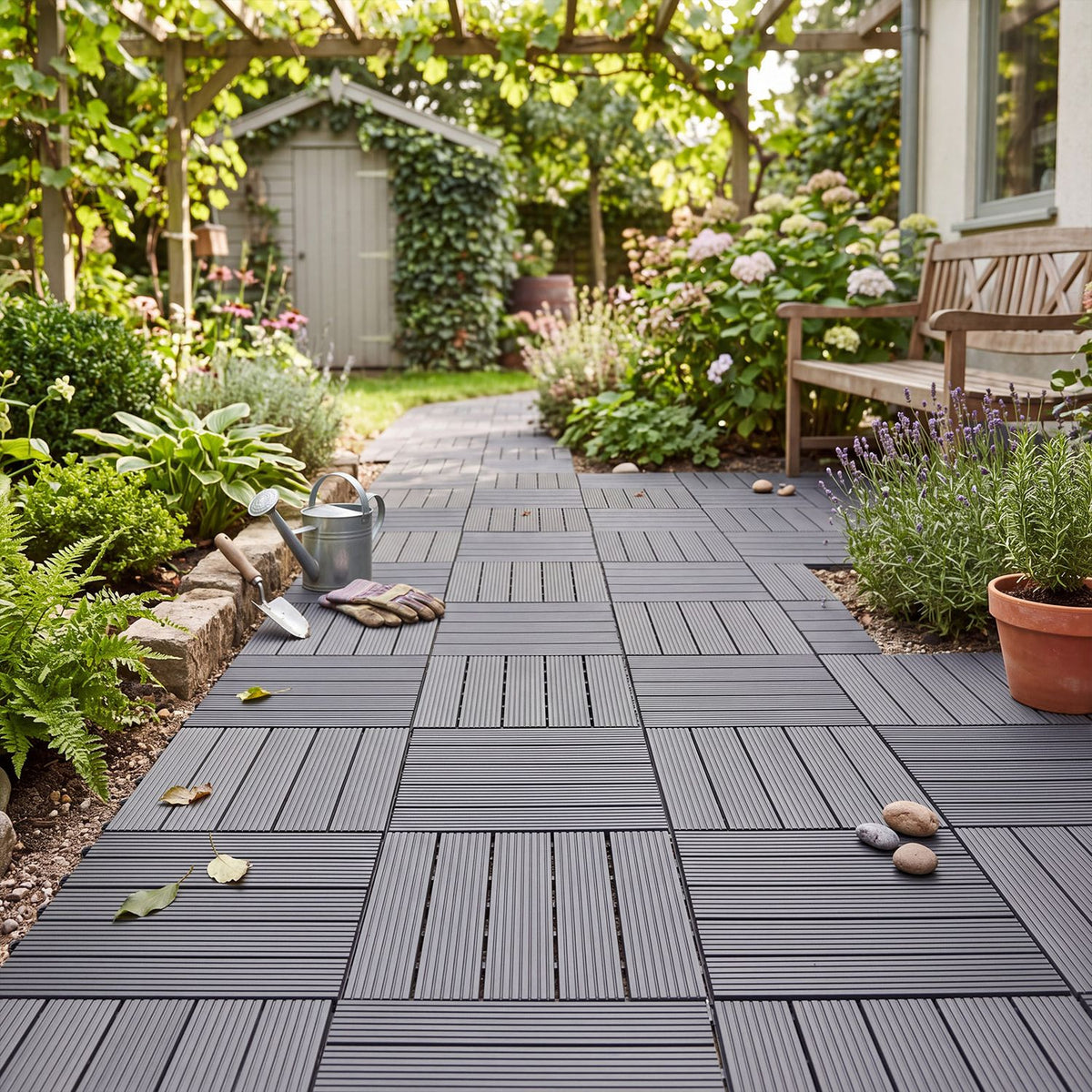 12” x 12” Waterproof PP Plastic Interlocking Deck Tiles for Patio Set of 2-Gray