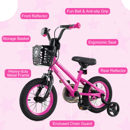 14 Inch Kids Bike Adjustable Bicycle with Front Basket for Children Aged 4-5 Years Old