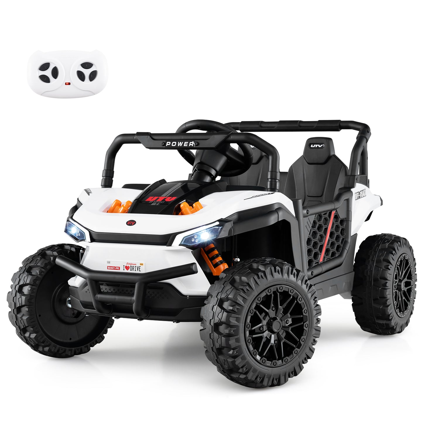 12V Kids Ride on Truck Off-Road UTV with Parental Remote and Lights-Pink - White
