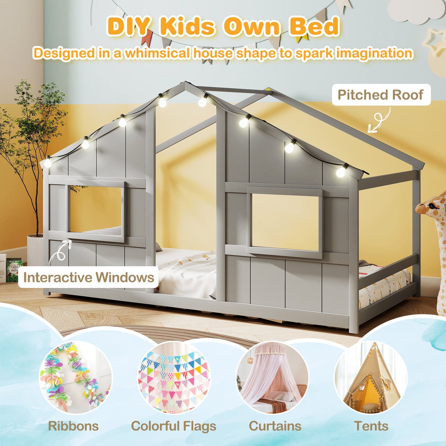 Twin Size House Bed with LED Lights Montessori Slat-free Floor Bed-Grey