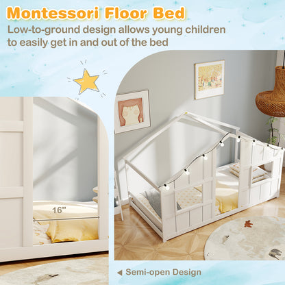 Twin Size House Bed with LED Lights Montessori Slat-free Floor Bed-White