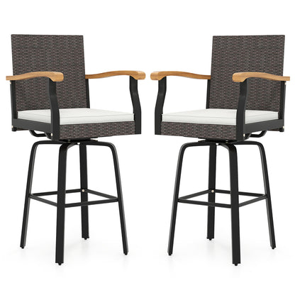 Set of 2 Outdoor 360¬∞ Swivel Bar Stool with Cushion and Acacia Wood Armrests