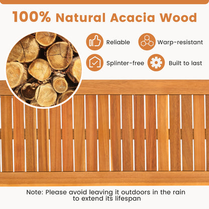 Acacia wood outdoor bench with slatted seat for garden