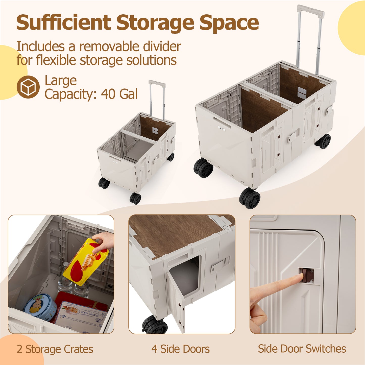Large Foldable Utility Cart with 2-Tier Storage Crates and Telescoping Handle-White