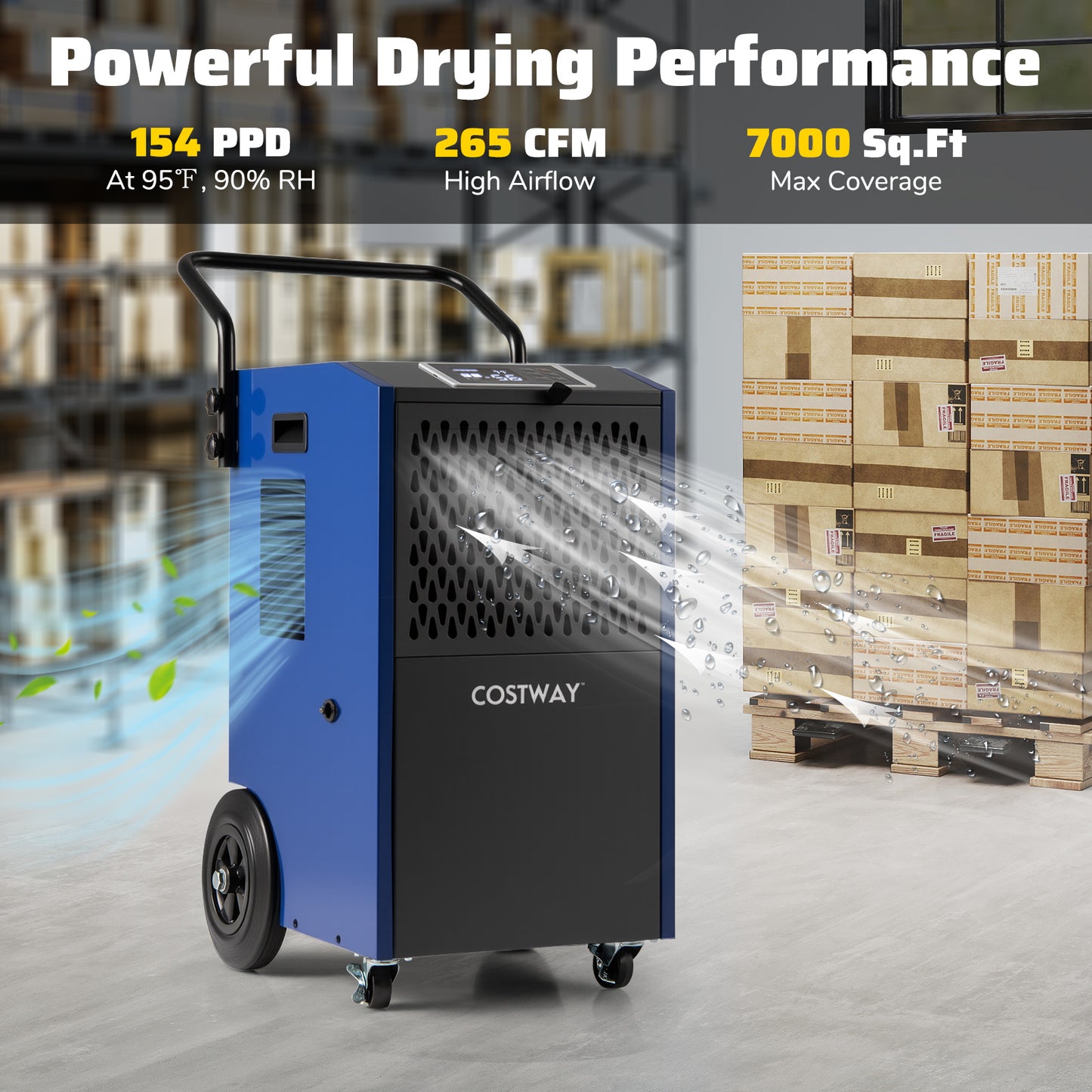 154 Pints Commercial Dehumidifier with Pump and Drain Hoses-Blue