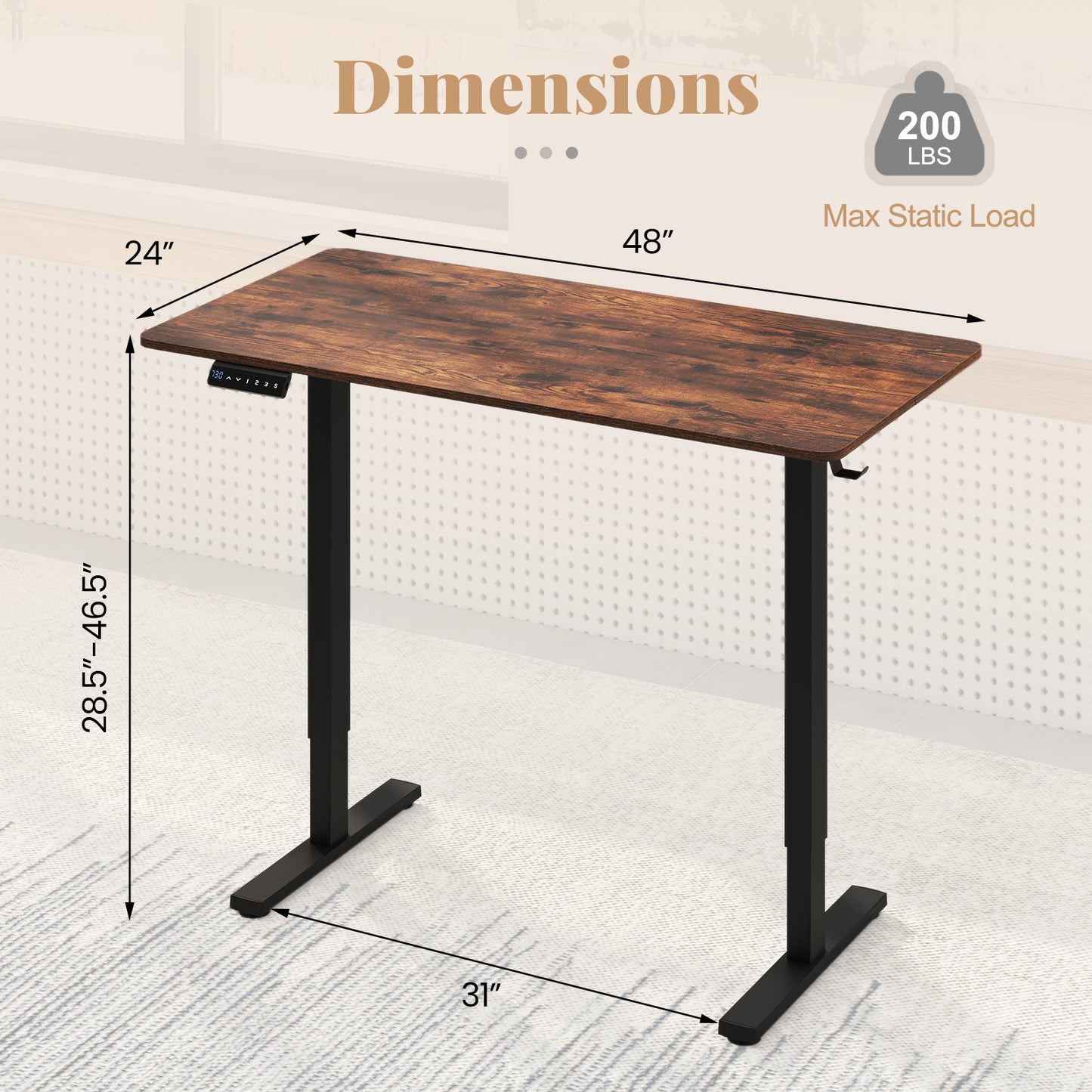 48 Inch x 24 Inch Ergonomic Electric Standing Desk with 3 Memory Settings for Home Office-Rustic Brown