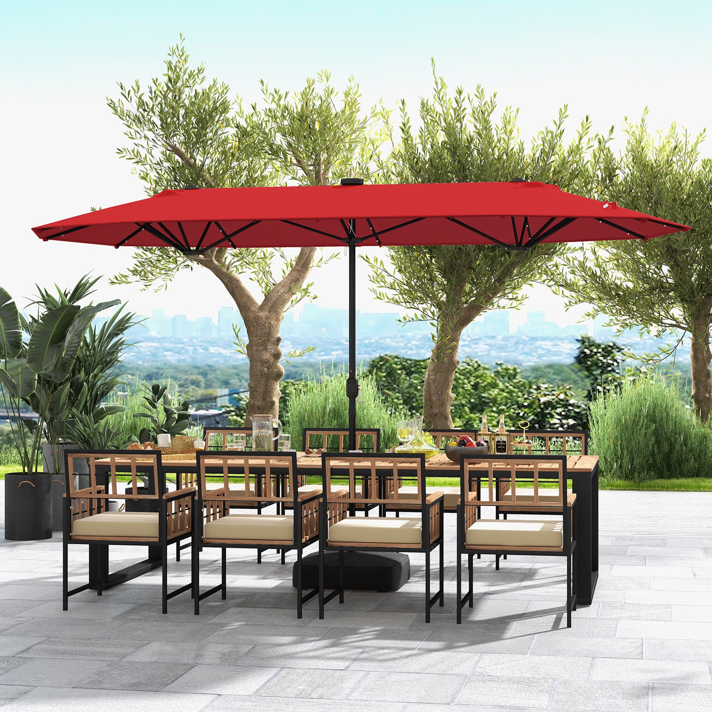 13FT Double-sided Patio Umbrella with Solar Lights for Garden Pool Backyard