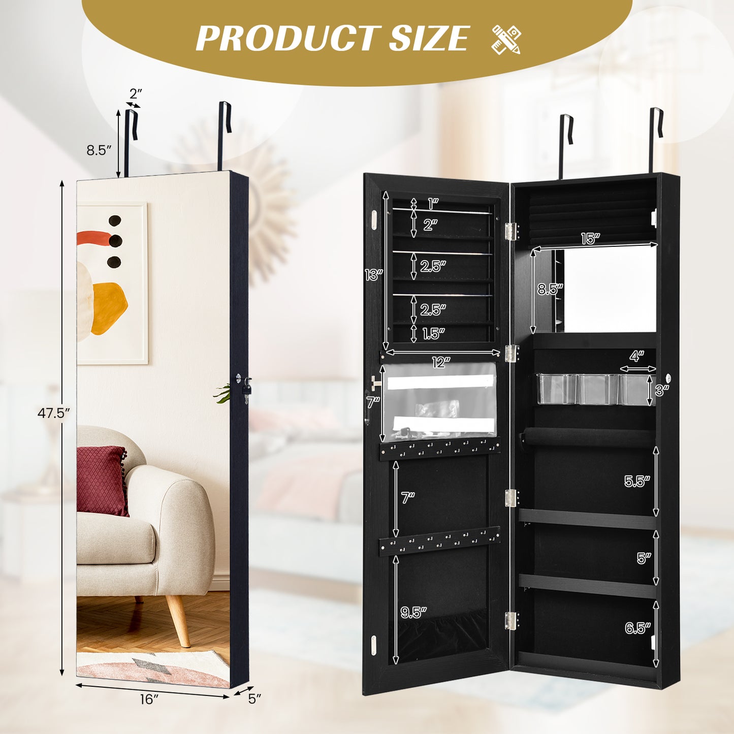 Lockable Storage Jewelry Cabinet with Frameless Mirror-Black