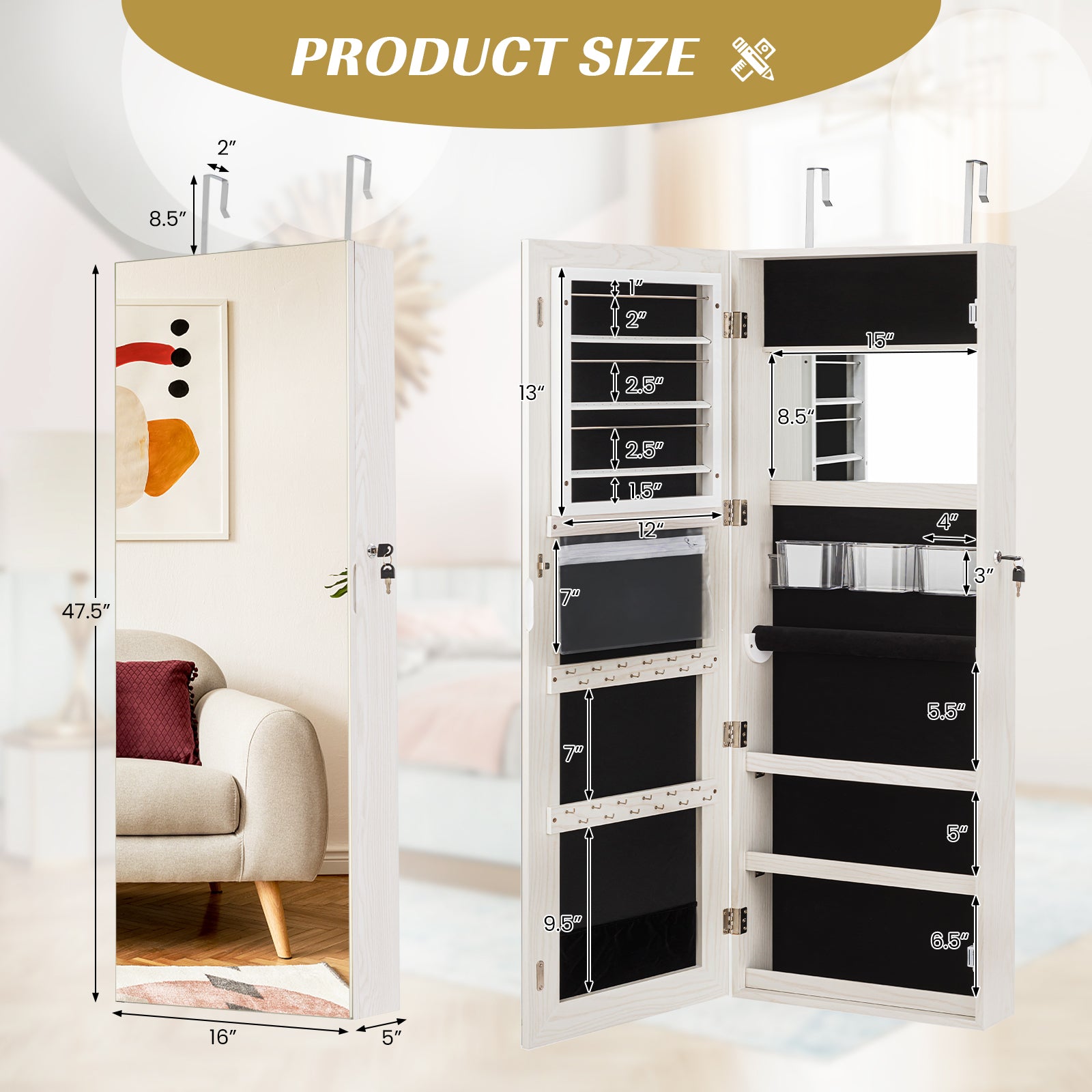 Lockable Storage Jewelry Cabinet with Frameless Mirror-White