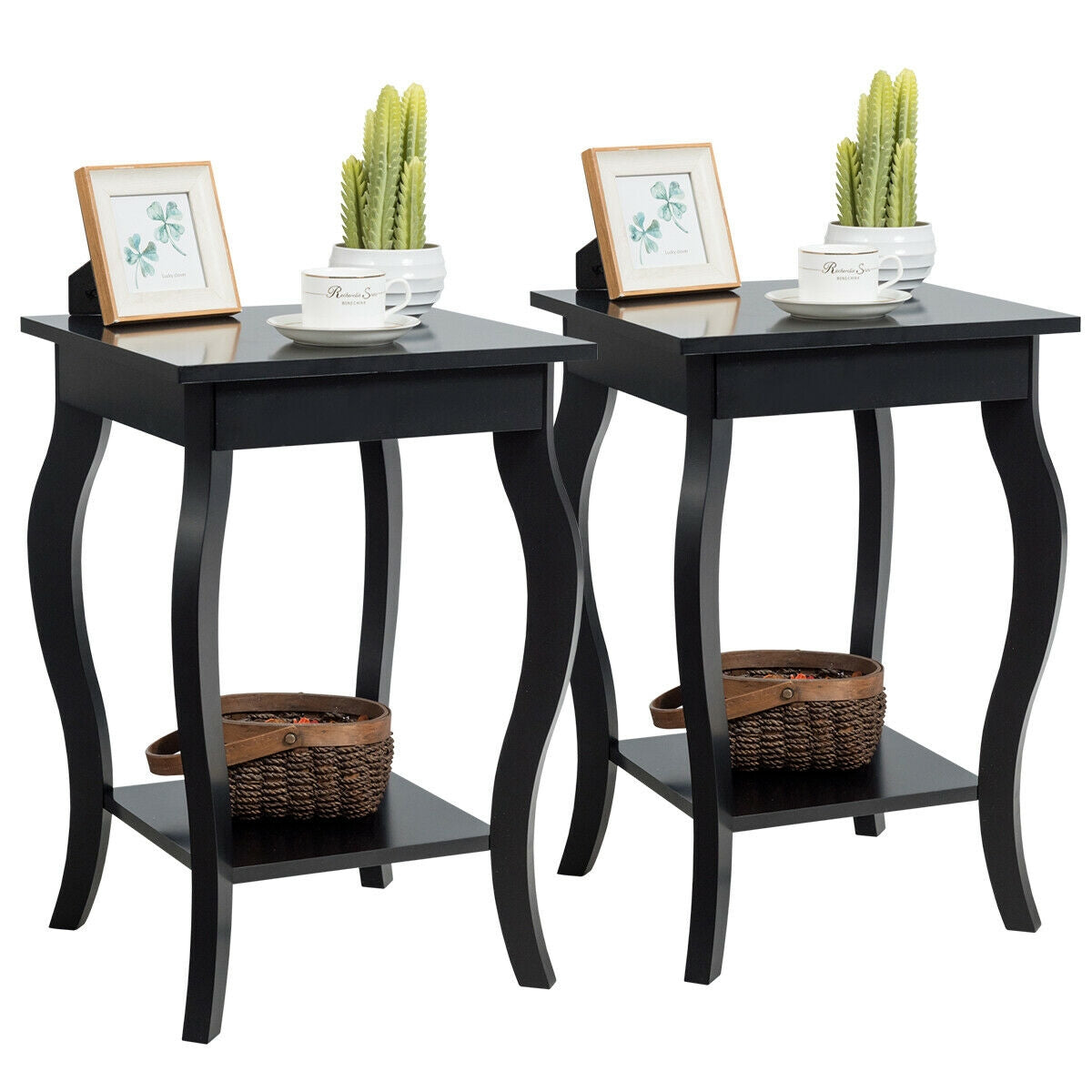 Set of 2 Accent Side Tables with Shelf - Black