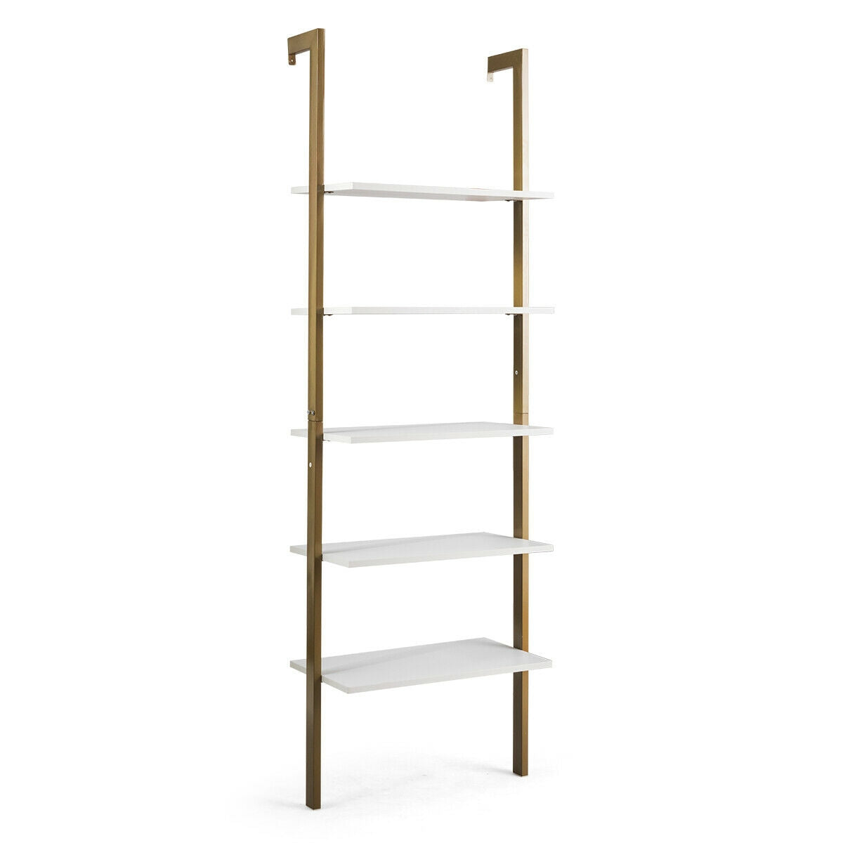 5-Tier Wood Look Ladder Shelf with Metal Frame for Home-White - Bronze
