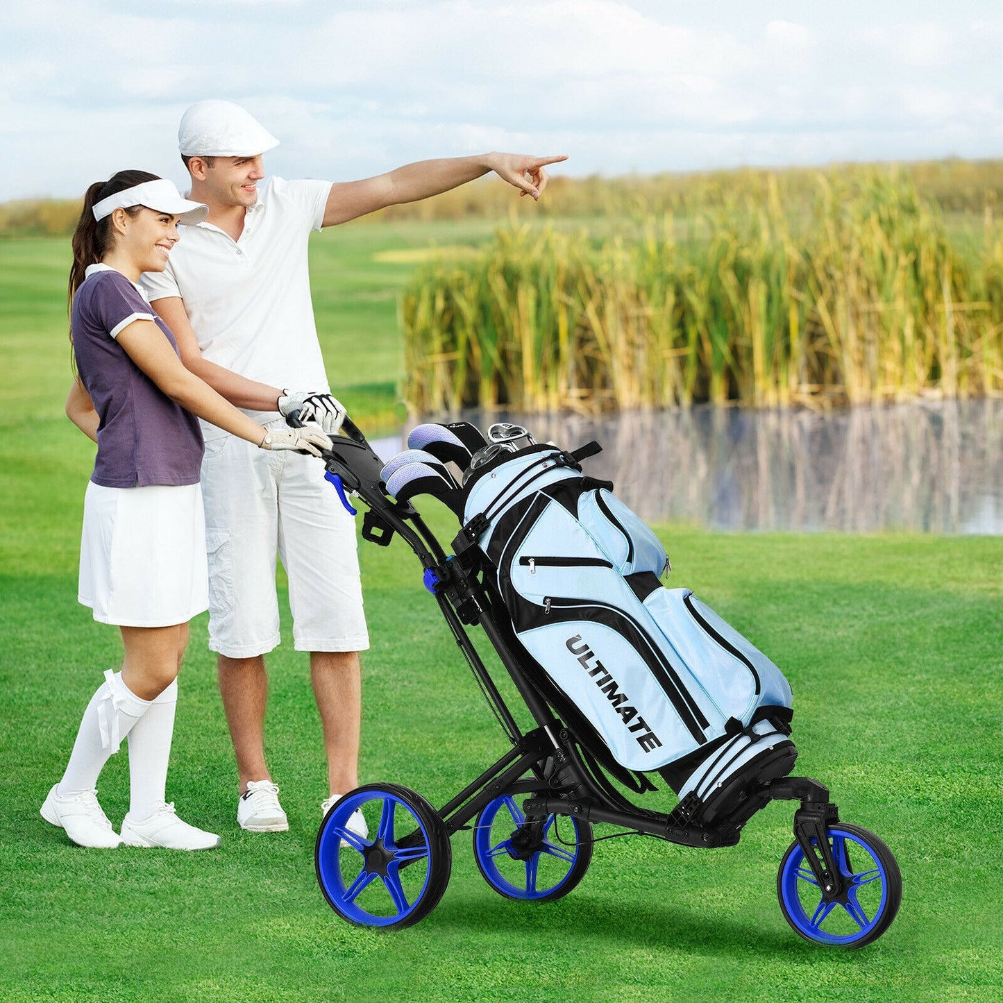 Folding Golf Push Cart with Scoreboard Adjustable Handle Swivel Wheel