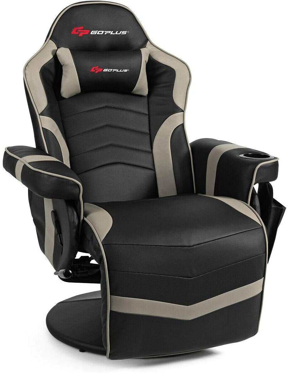 Ergonomic High Back Massage Gaming Chair with Pillow-Blue - Gray