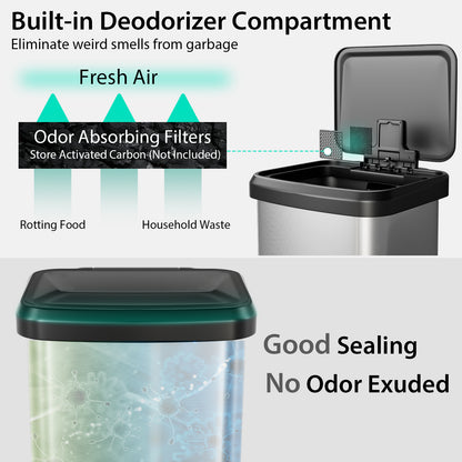 13.2 Gallon Step Trash Can with Soft Close Lid and Deodorizer Compartment-Silver