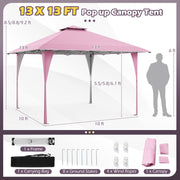 13 X 13 FT Pop up Gazebo with Portable Carrying Bag 8 Stakes and 4 Wind Ropes-Pink