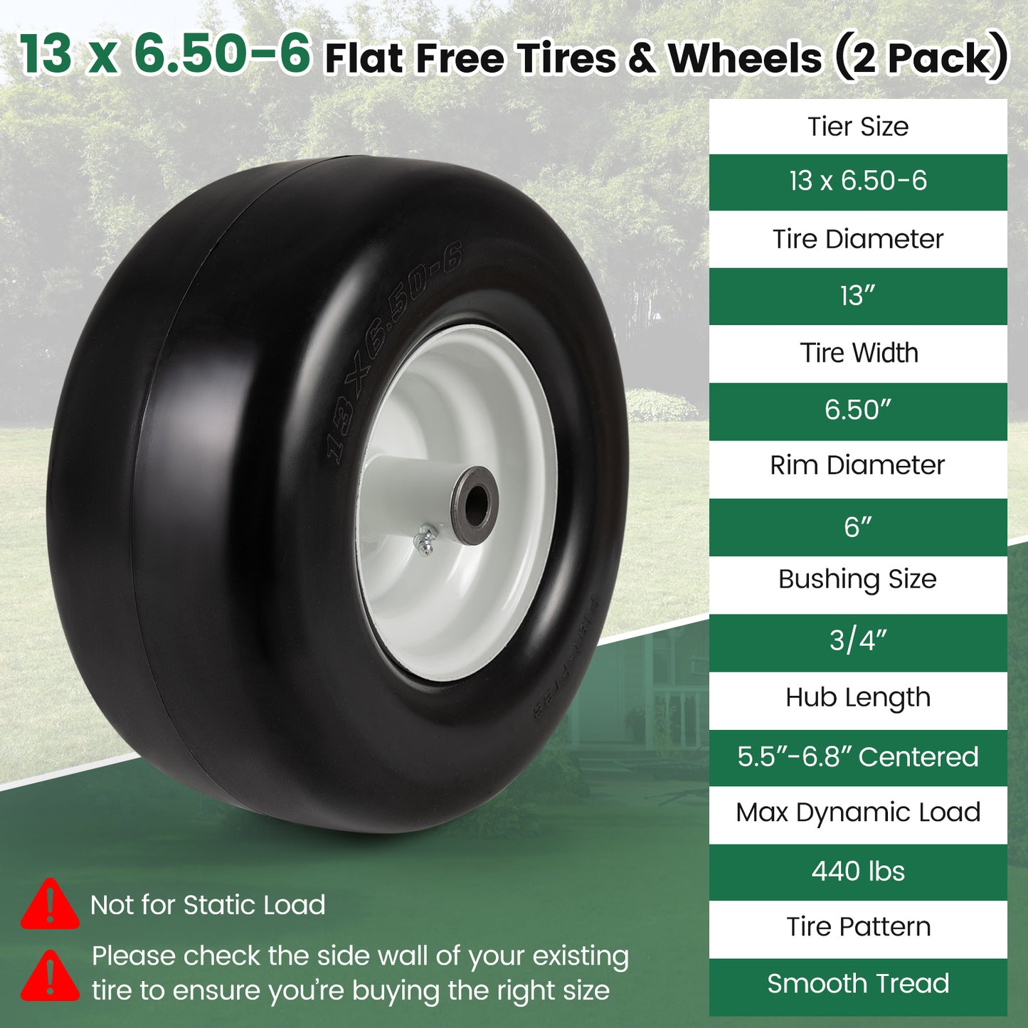 13 x 6.50-6 Flat Free Tires and Wheels 2 Pack Solid Rubber Tires-White
