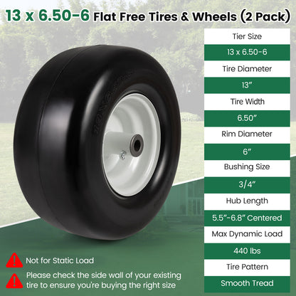 13 x 6.50-6 Flat Free Tires and Wheels 2 Pack Solid Rubber Tires-White