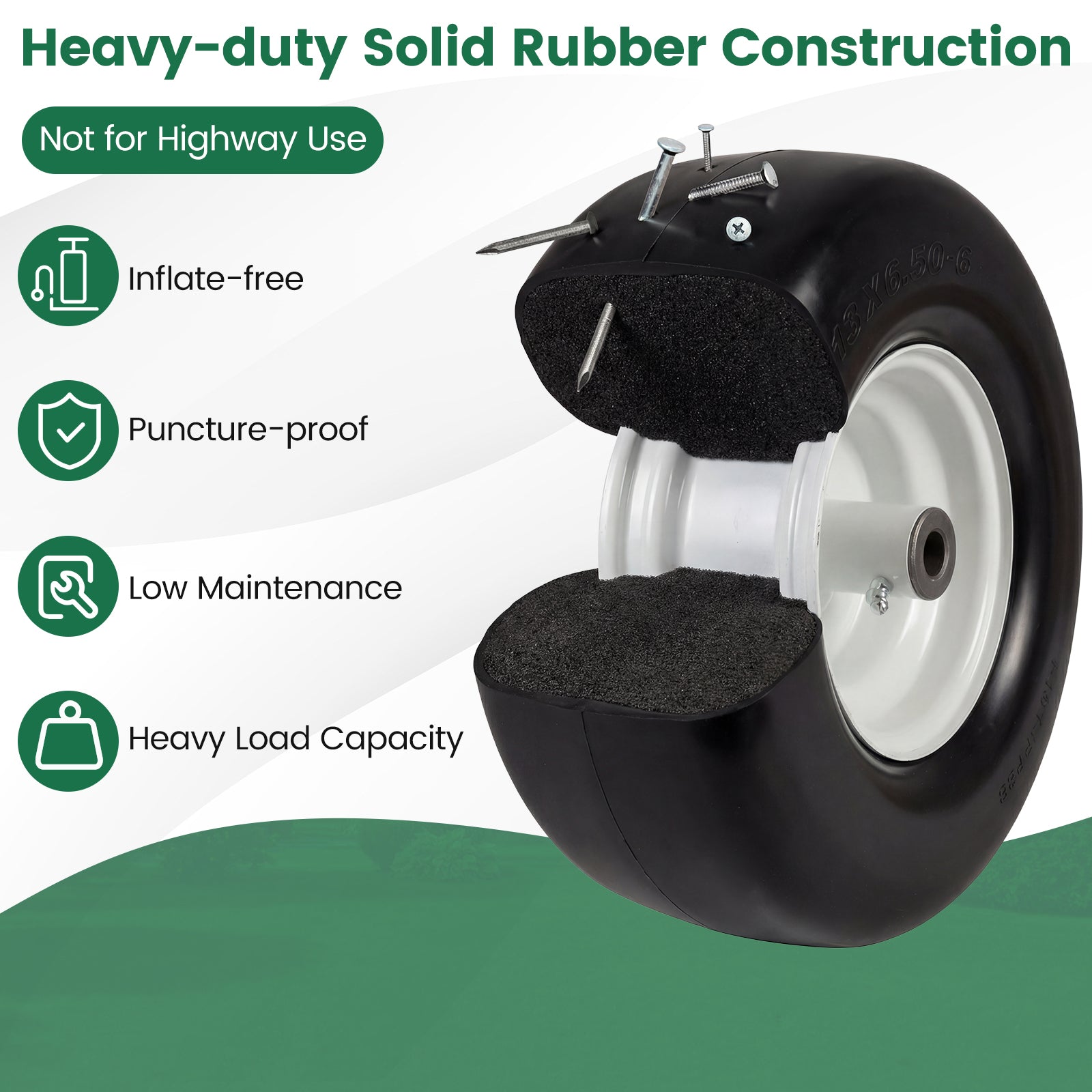 13 x 6.50-6 Flat Free Tires and Wheels 2 Pack Solid Rubber Tires-White