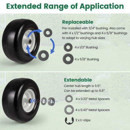 13 x 6.50-6 Flat Free Tires and Wheels 2 Pack Solid Rubber Tires-White