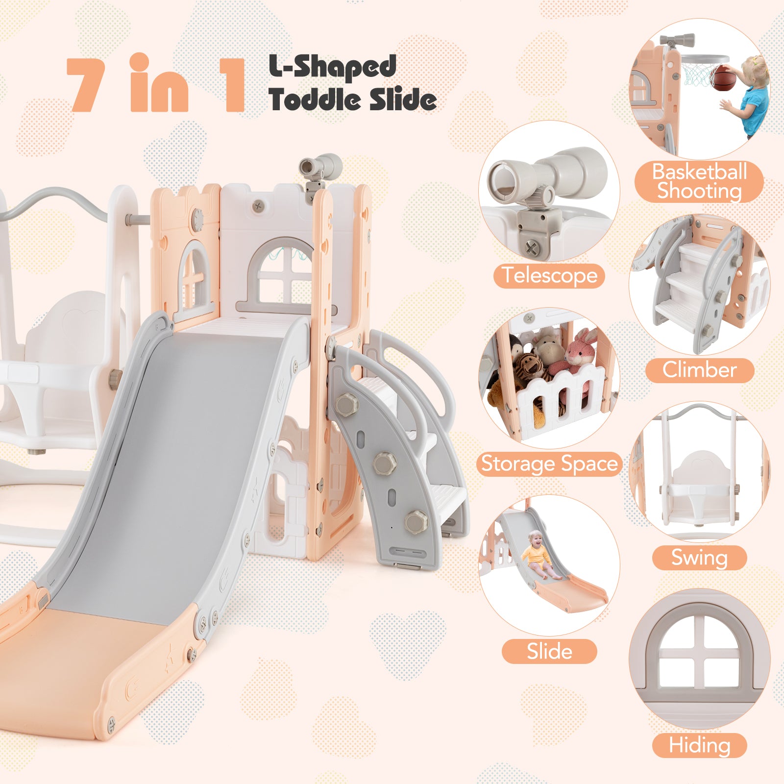 7-in-1 Toddler Swing and Slide Set L-shaped with Ladder and Basketball Hoop-Pink