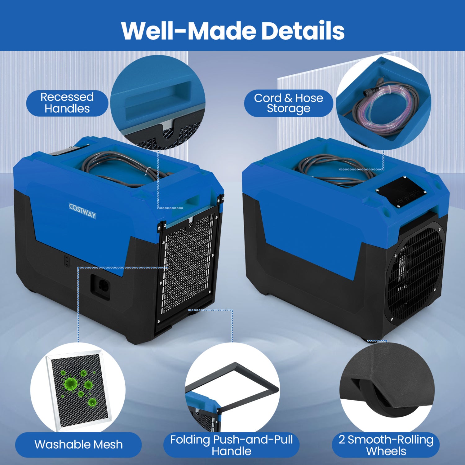140 Pints Commercial Dehumidifier with Pump and Drain Hose-Blue