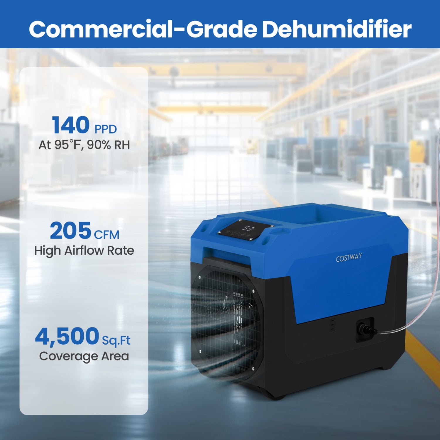 140 Pints Commercial Dehumidifier with Pump and Drain Hose-Blue