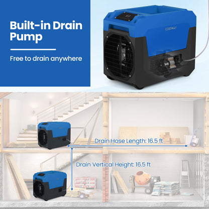 140 Pints Commercial Dehumidifier with Pump and Drain Hose-Blue