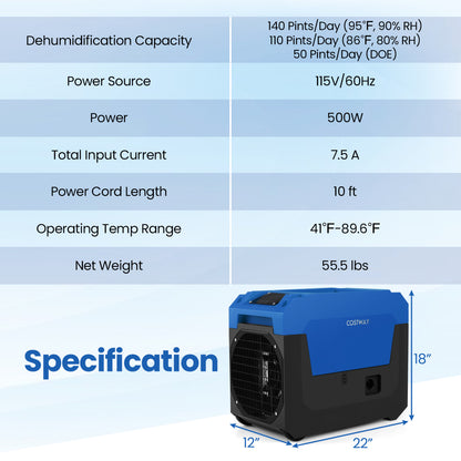 140 Pints Commercial Dehumidifier with Pump and Drain Hose-Blue