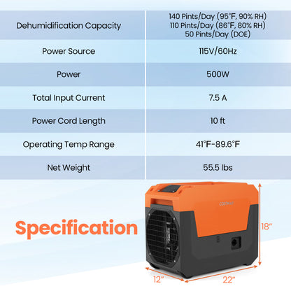 140 Pints Commercial Dehumidifier with Pump and Drain Hose-Orange