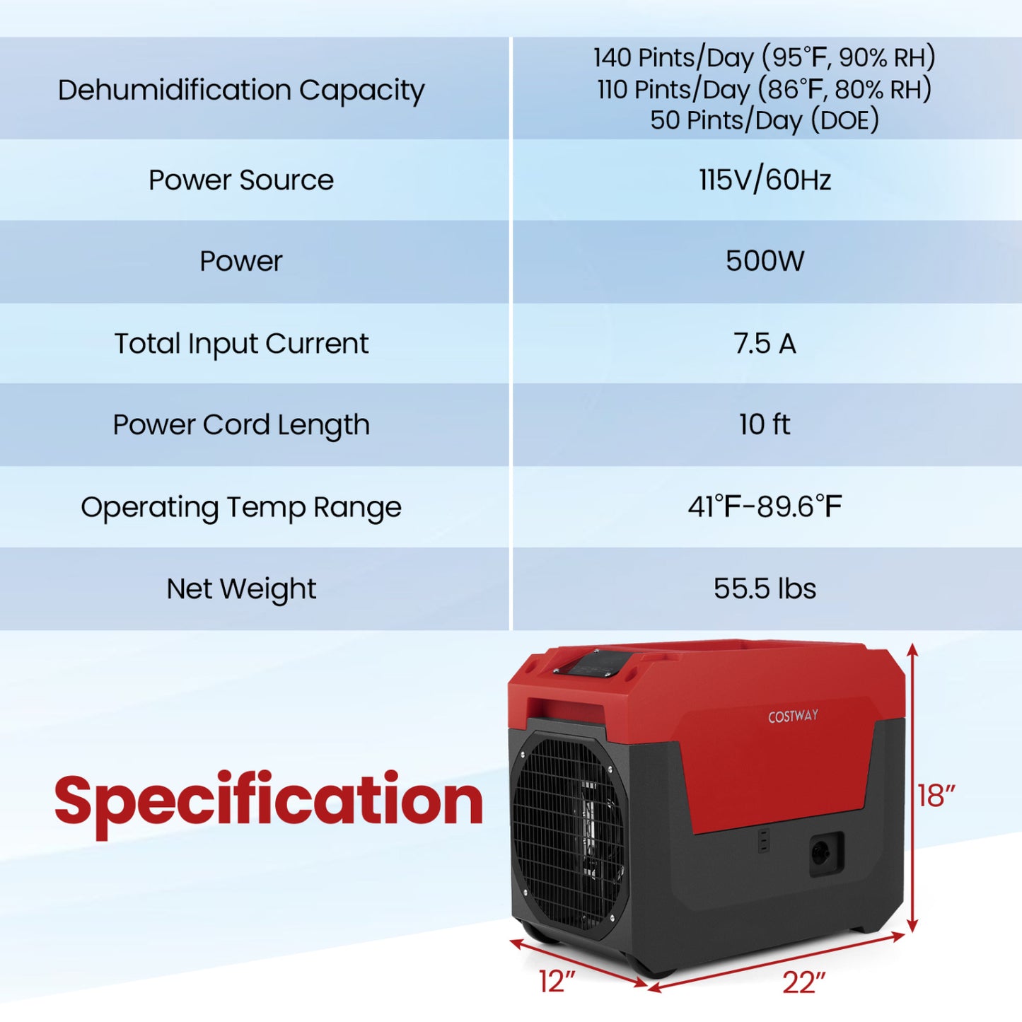 140 Pints Commercial Dehumidifier with Pump and Drain Hose-Blue - Red