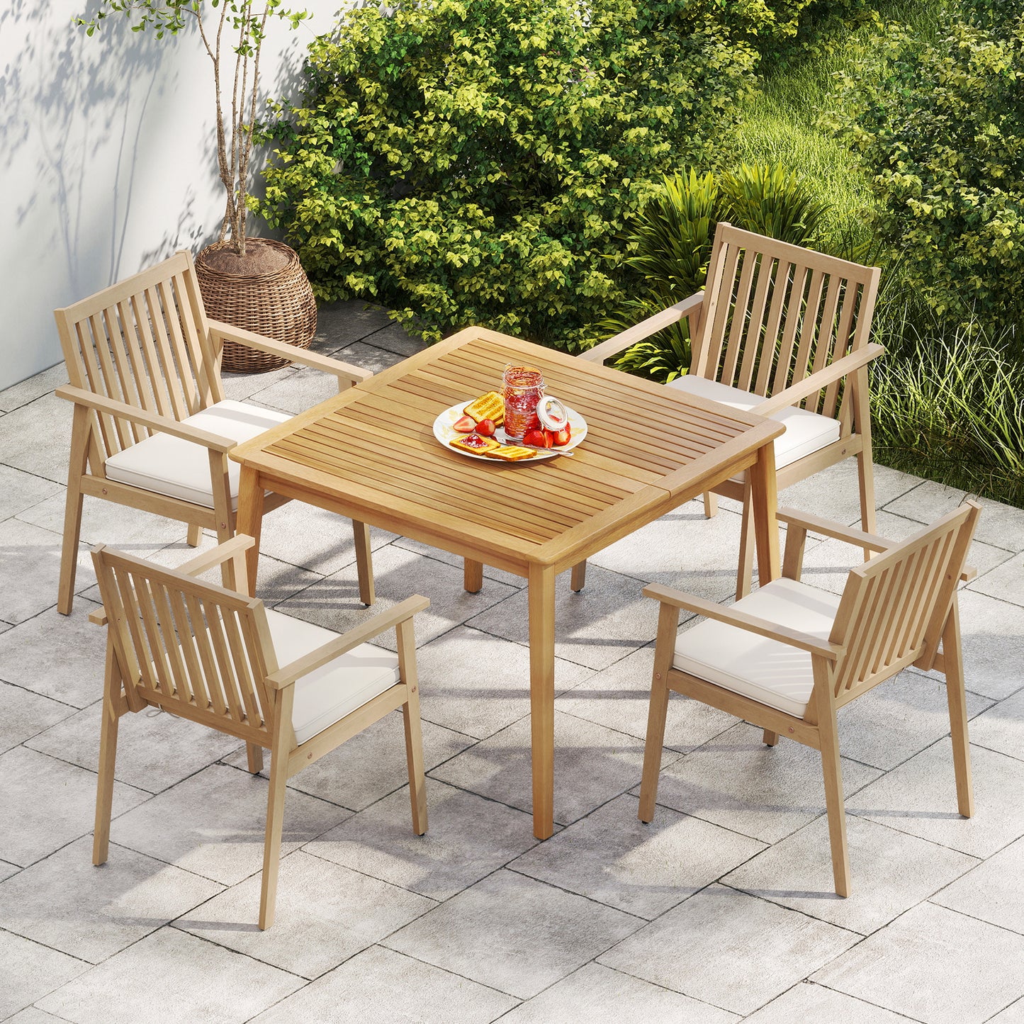 2 Pieces Patio Dining Chairs Outdoor Acacia Wood Chairs with Removable Padded Cushion-Oak