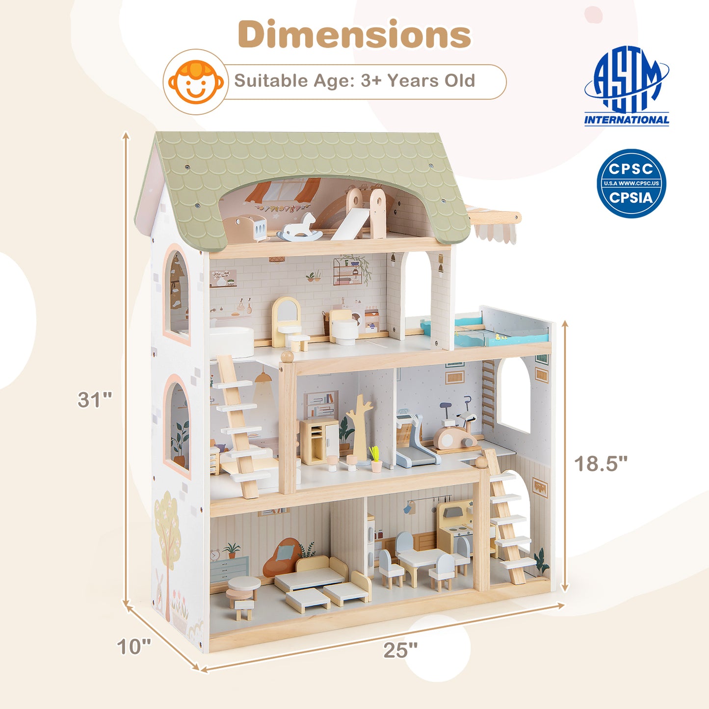 Wooden Dollhouse Kids DIY Pretend Playhouse with 33 PCS Furniture Accessories-Green