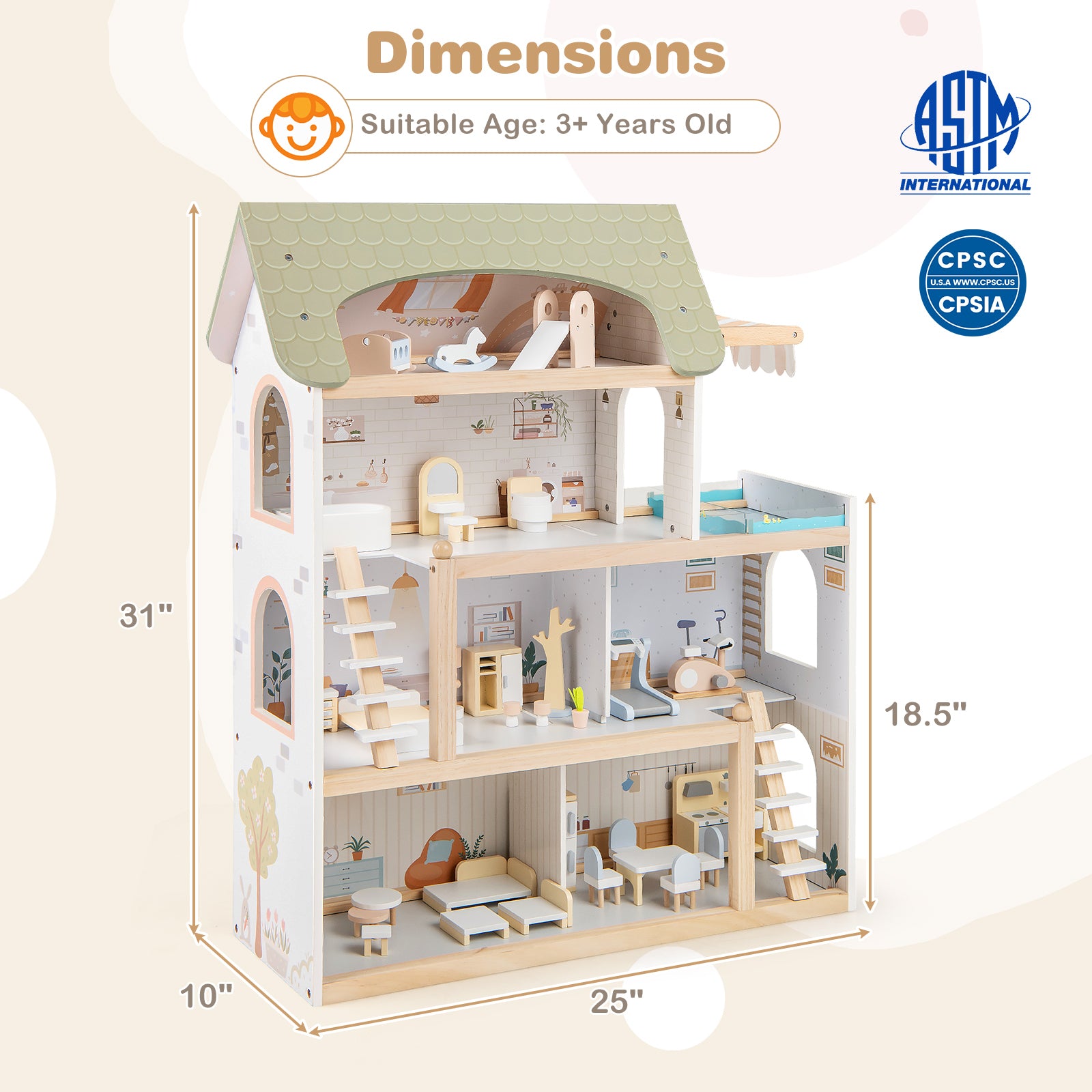 Wooden Dollhouse Kids DIY Pretend Playhouse with 33 PCS Furniture Accessories-Green