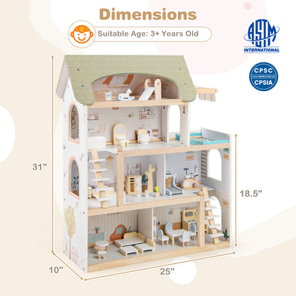Wooden Dollhouse Kids DIY Pretend Playhouse with 33 PCS Furniture Accessories-Green