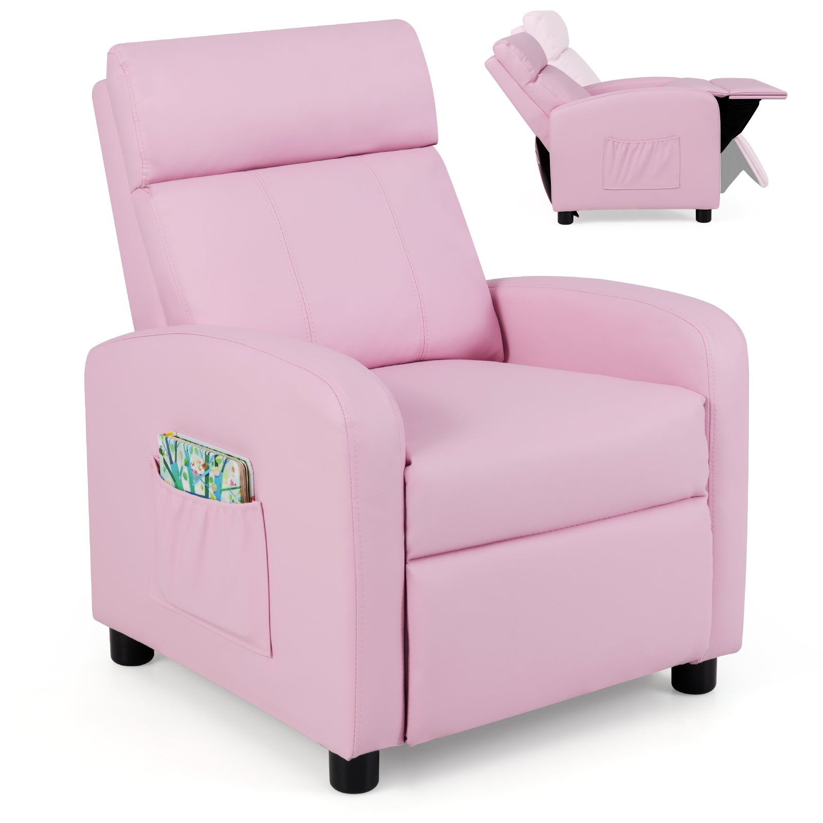 Ergonomic PU Leather Kids Recliner Lounge Sofa for 3-12 Age Group-Black - Pink