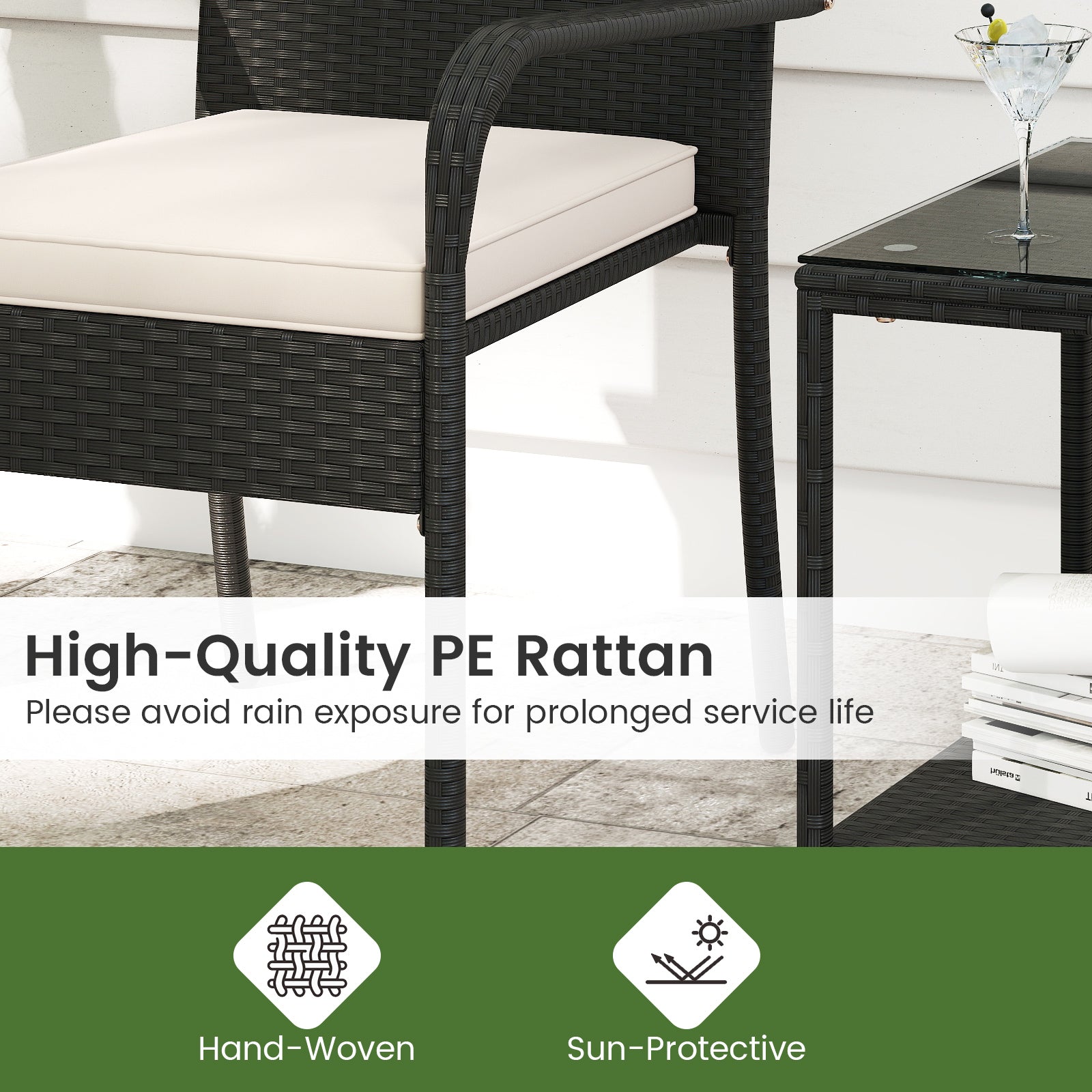3 Piece Patio Furniture Set with Seat Cushions and Tempered Glass -White
