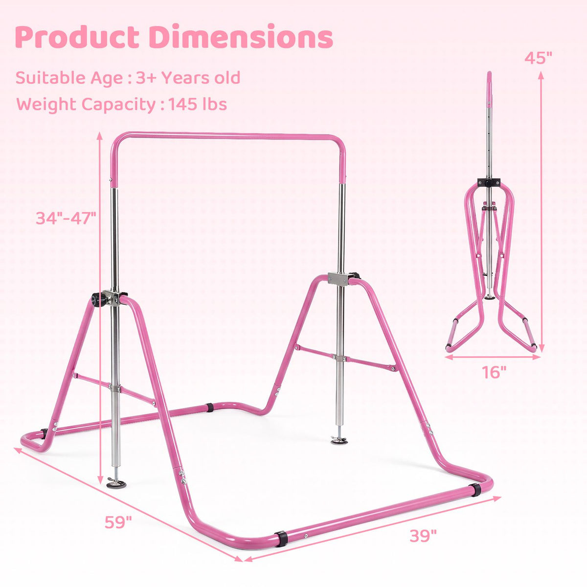 143 lbs Capacity Foldable and Adjustable Kids Gymnastics Bar with 5 Height Levels