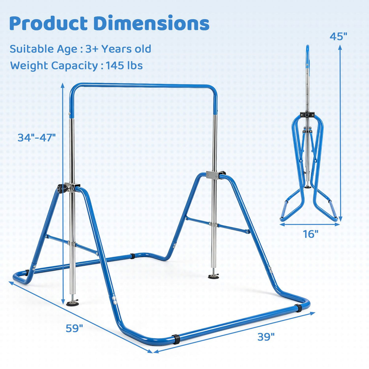 143 lbs Capacity Foldable and Adjustable Kids Gymnastics Bar with 5 Height Levels