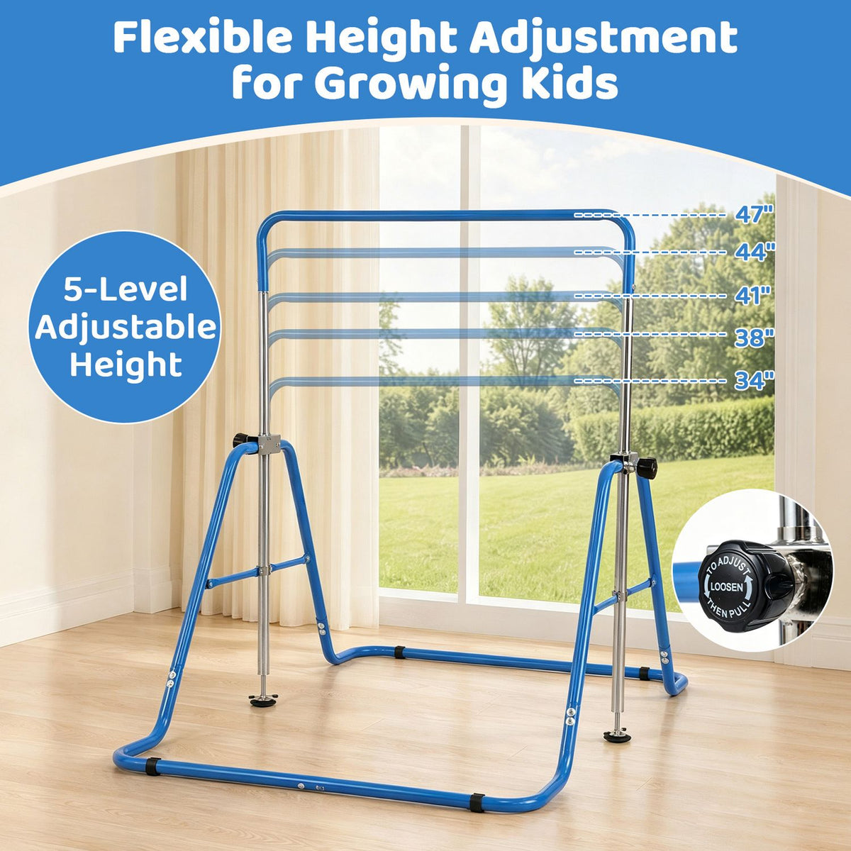 143 lbs Capacity Foldable and Adjustable Kids Gymnastics Bar with 5 Height Levels