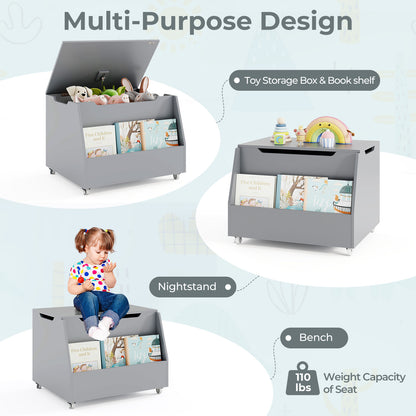 Wooden Mobile Toy Storage Organizer with Bookshelf and Lockable Wheels-Gray