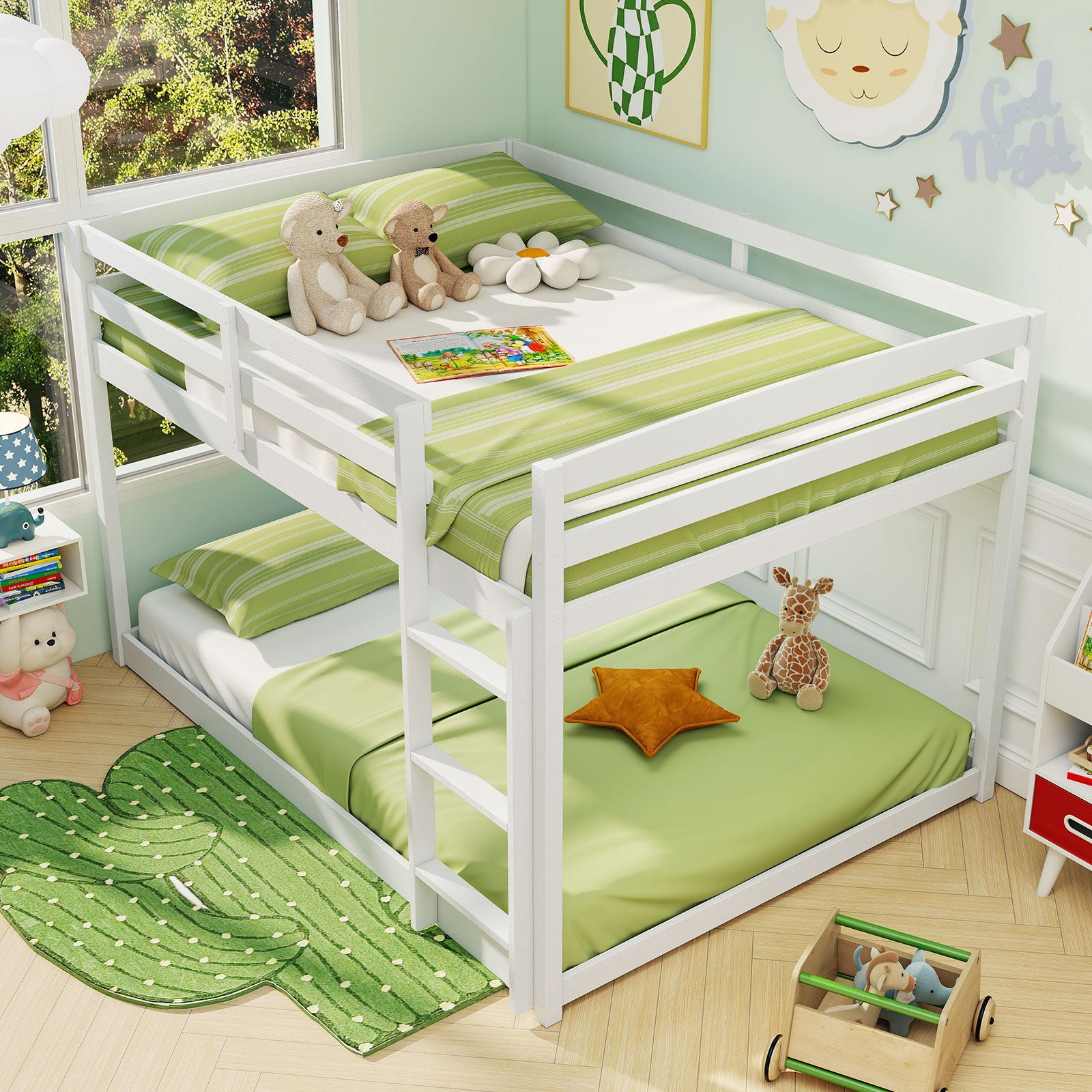 Full Over Full Bunk Bed Low-to-ground Bunk Bed-White