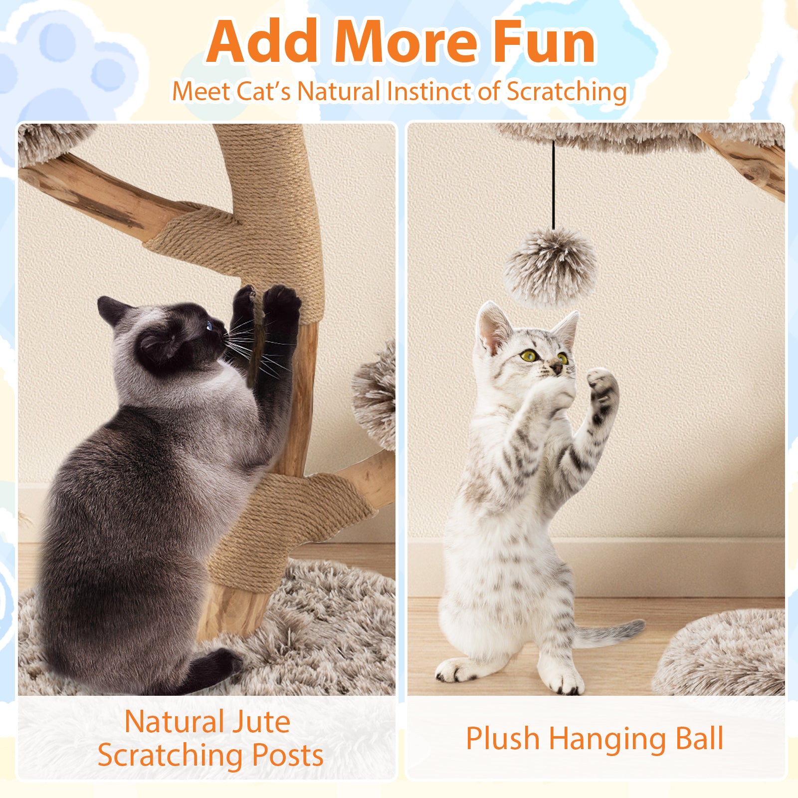 Cat Tree Solid Pear Wood with Perch and Natural Jute Scratching Posts-Brown