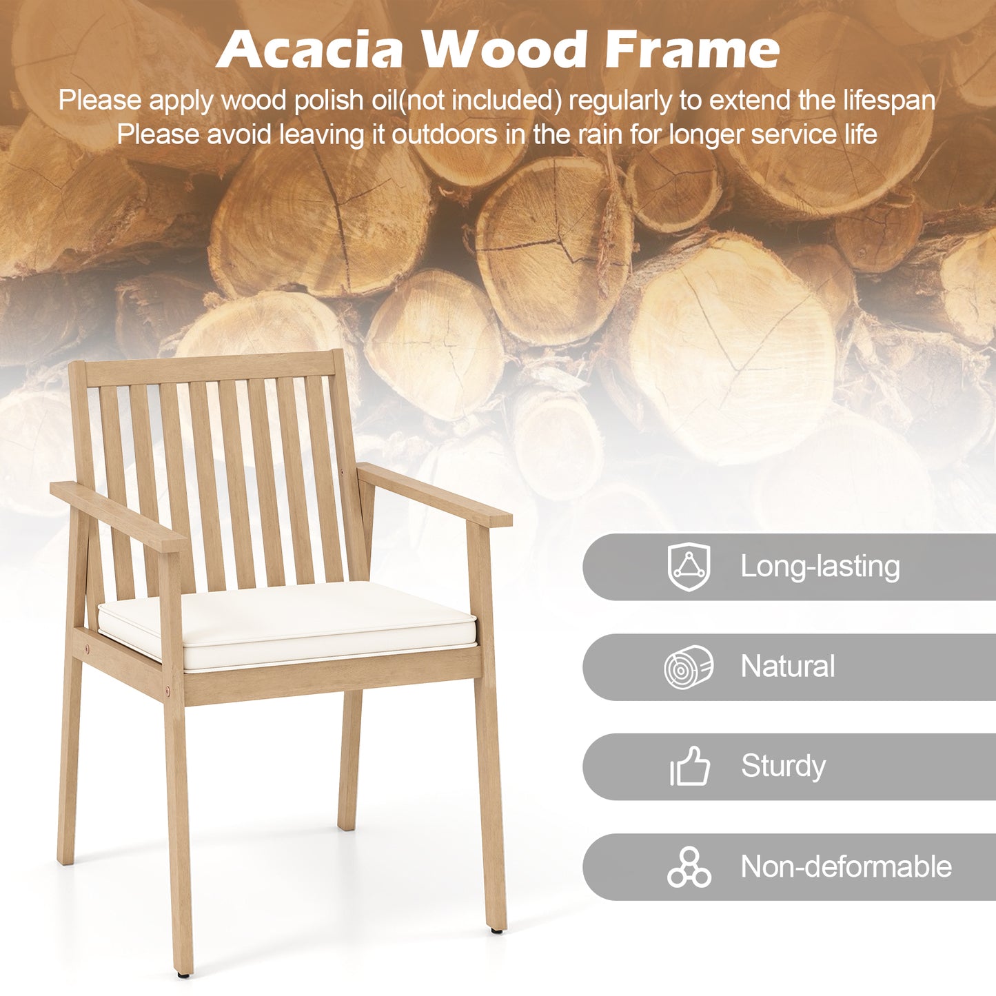 2 Pieces Patio Dining Chairs Outdoor Acacia Wood Chairs with Removable Padded Cushion-Oak