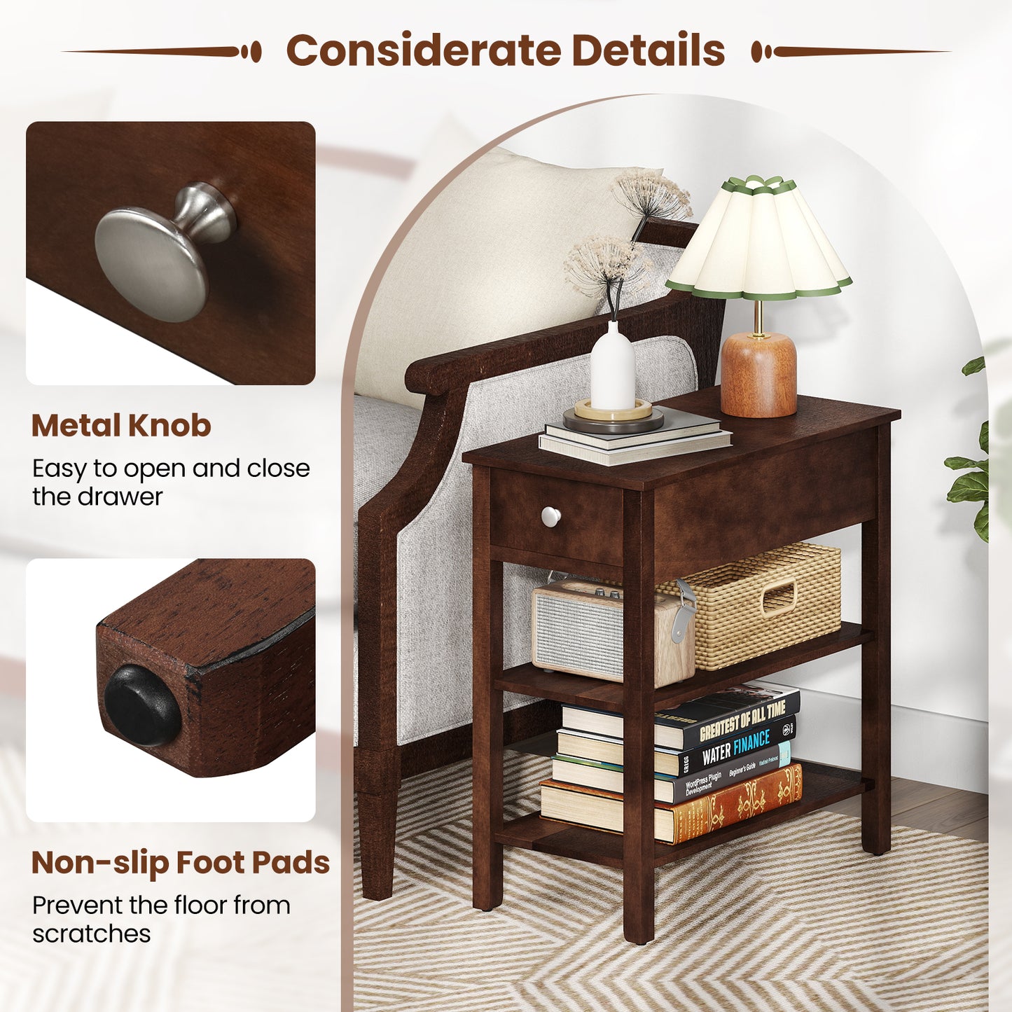 3-Tier Narrow End Table with Drawer and Storage Shelves-Walnut