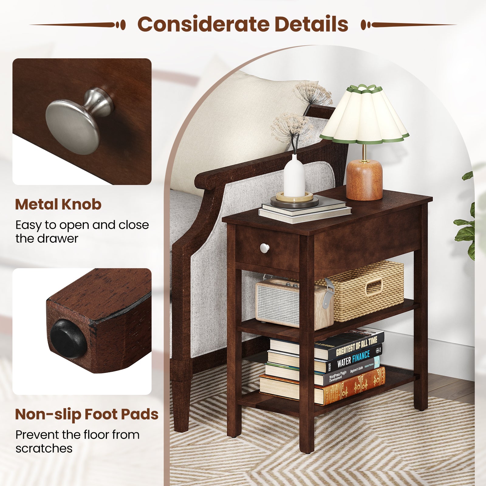 3-Tier Narrow End Table with Drawer and Storage Shelves-Walnut