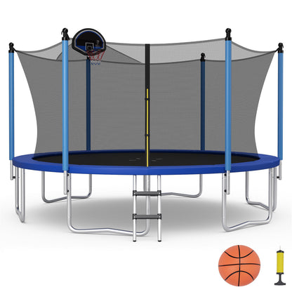 Outdoor Recreational Trampoline with Ladder and Enclosure Net-14 ft - 14 Ft