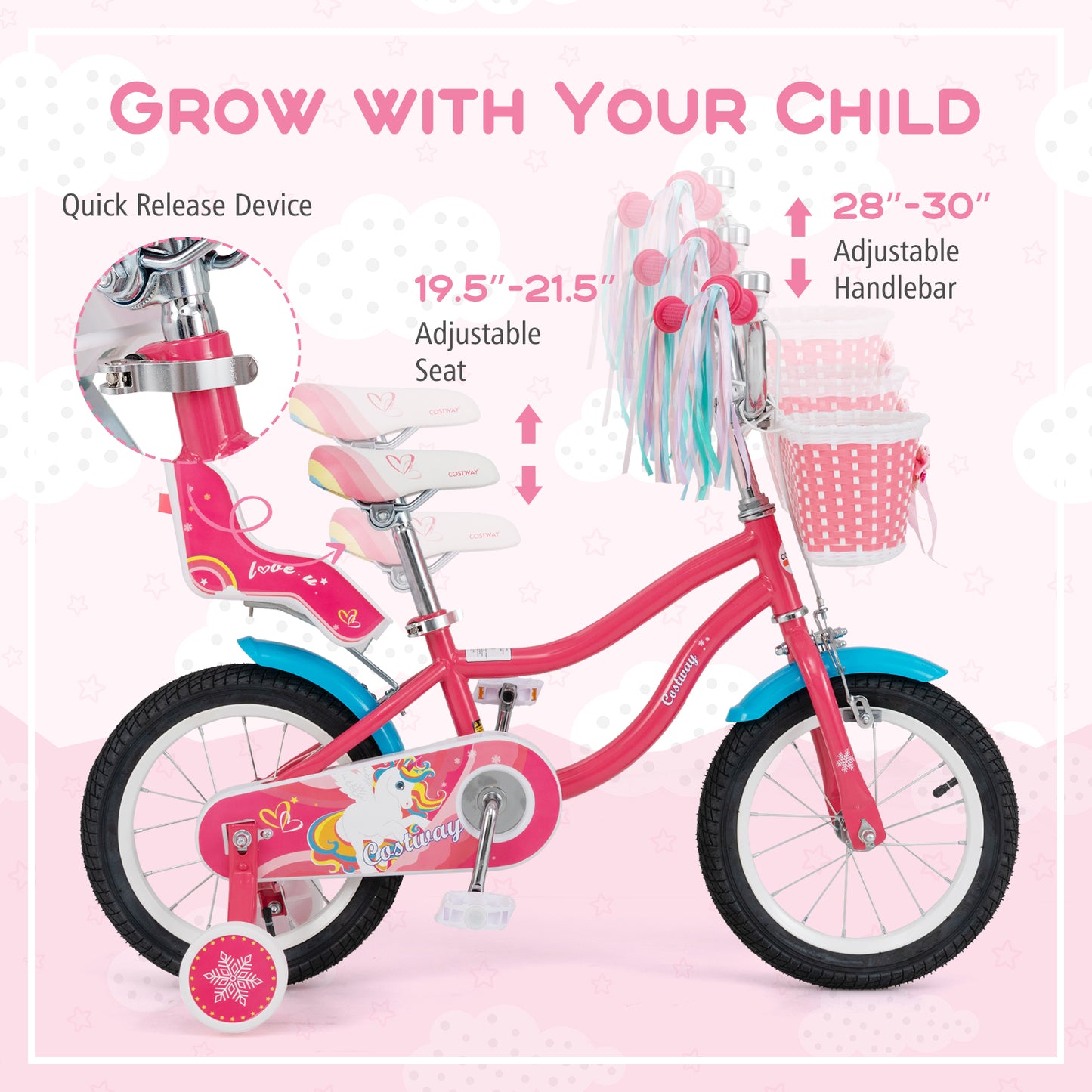 14 Inch Girls Bike with Doll Seat and Training Wheels
