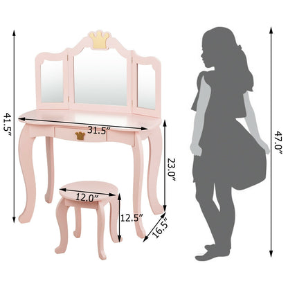 Kids Makeup Dressing Table with Tri-folding Mirror and Stool